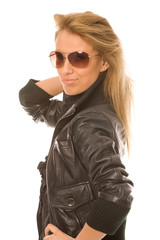 young woman in sunglasses on a white background