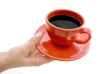 Woman hand with white cup of coffee