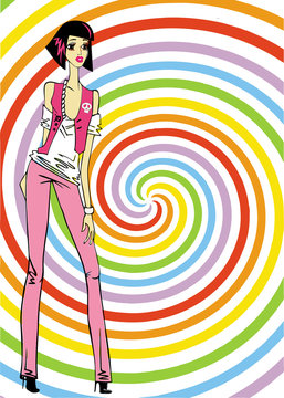 Girl in pink on a background a varicoloured spira