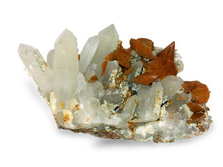Crystals of a kaltsit and quartz on a white background