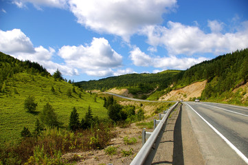 The Mountain road on island Sakhalin by summer.