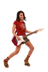 Beautiful sexy woman playing guitar on pure white background
