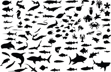 A hundred silhouettes of fish and sea animals - obrazy, fototapety, plakaty
