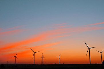 Wind electric power plant on sunset sky