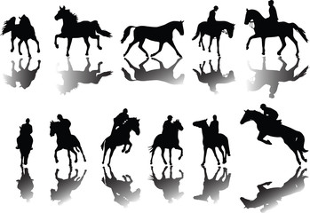 Horses and riders silhouettes with shade