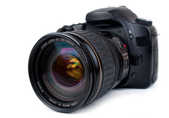 Dslr camera with zoom lens, isolated on white - Powered by Adobe