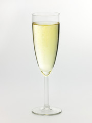 A Champagne glass with Champagne on white background