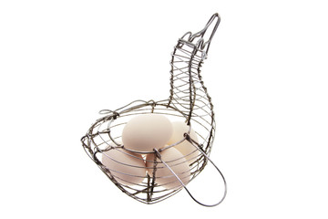 White Eggs in Wire Basket on White Background