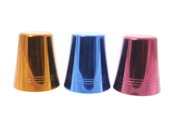 Colored Tin Cups on Isolated White Background