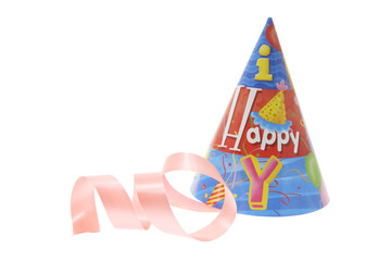 Party Hat and Curling Ribbon on White Background
