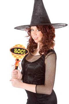 Teen Girl In Halloween Hat With Yellow Boo Sign