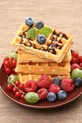 delicious waffles with fresh raspberries - food and drink
