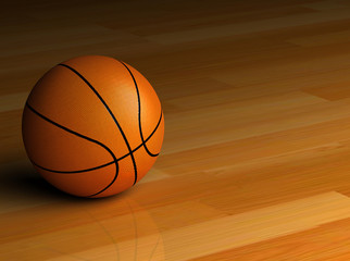 3D render of a basketball sitting on the hardwood