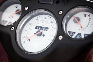 Motorcycle speedometer closeup. Control panel.