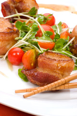 Ginger Soy Scallops wrapped by bacon, cherry tomatoes