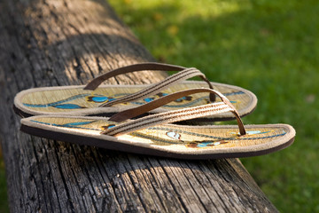 A pair of flip-flops on a timber log
