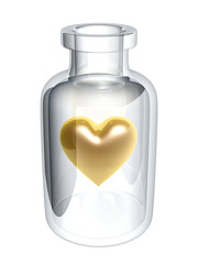 golden heart in glass bottle isolated on white background