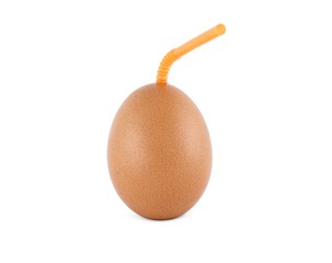 Brown egg with drinking straw isolated