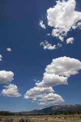 Obraz premium Puffy Storm Clouds Forming and Aged Fence on a blue sky.