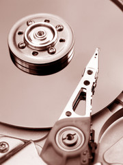Closeup of an opened hard disk drive