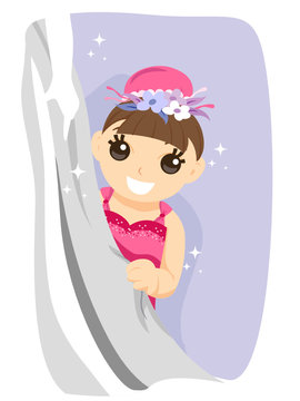 ballerina peeking behind curtain, pink dress clip art preview