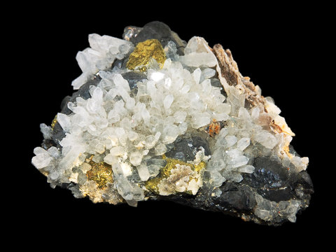 Crystals of a pirit and quartz on a black background