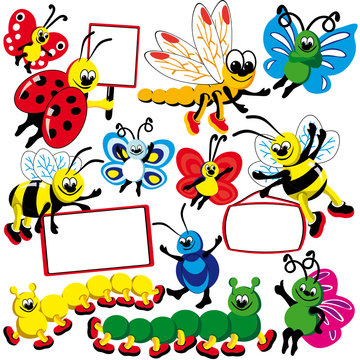 Set funny butterflies, caterpillars with plaques