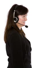 brunette with headset on the white isolated background