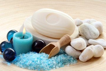 Fototapeta na wymiar bath salt and soap - blue beauty treatment