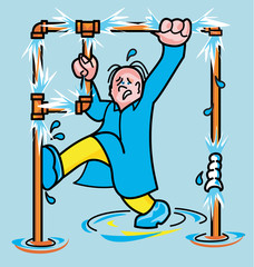man holding leaking pipes in a flooded room
