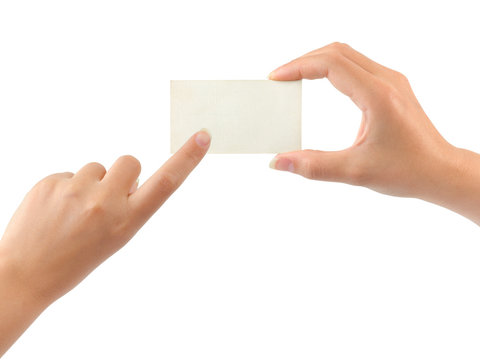 Paper card and pointing hand isolated on white background