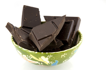 Green decorated bowl full with tasty sweet chocolate