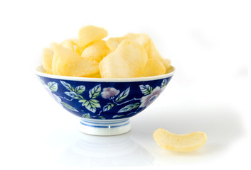 shrimp crackers in chinese blue bowl