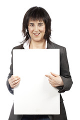 Fototapeta premium Business woman holding the blank poster on white background