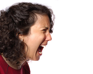 Portrait of a woman yelling her head off