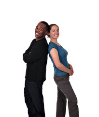 A Multi Racial Couple Smiling on a White Background