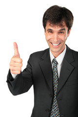 businessman makes gesture by finger