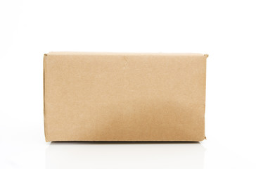 side view of a cardboard box isolated against white background