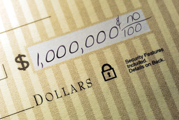 Macro Closeup of Check Made Out for One Million Dollars