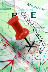 Push Pin on Topographical Map, X Marks Location