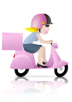 Livreuse sur son scooter rouge (reflet)
