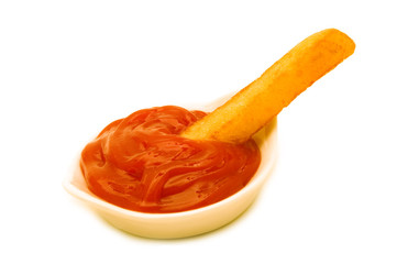 fry and ketchup on white background