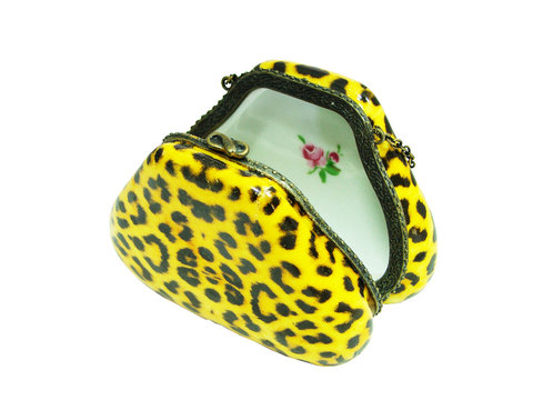 The ceramic lepard purse shaped jewelry box.