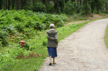 vieille dame seule sur un chemin