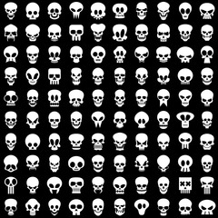 one hundred different skulls on black background