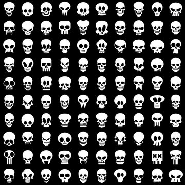one hundred different skulls on black background