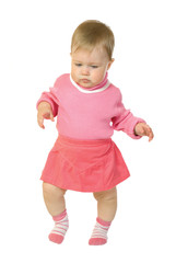 First steps of small baby in red dress #3 isolated