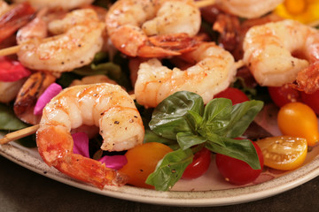 Tail On Shrimp Cooked on Skewers With Mint and Tomatoes