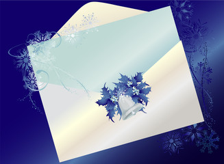 Christmas blue background with silver letter and snowflakes.