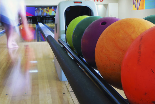 close-up of the colored bowling balls